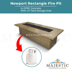 Newport Rectangle Fire Pit in GFRC Concrete Fire Pit - Majestic Fountains