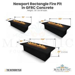 Newport Rectangle Fire Pit Size - Majestic Fountains