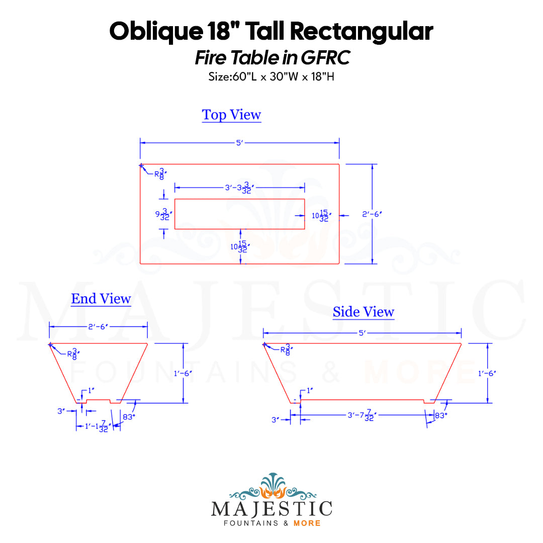 Oblique 18 Tall Rectangular Fire Table in GFRC Size - Majestic Fountains
