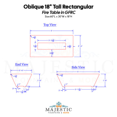 Oblique 18 Tall Rectangular Fire Table in GFRC Size - Majestic Fountains