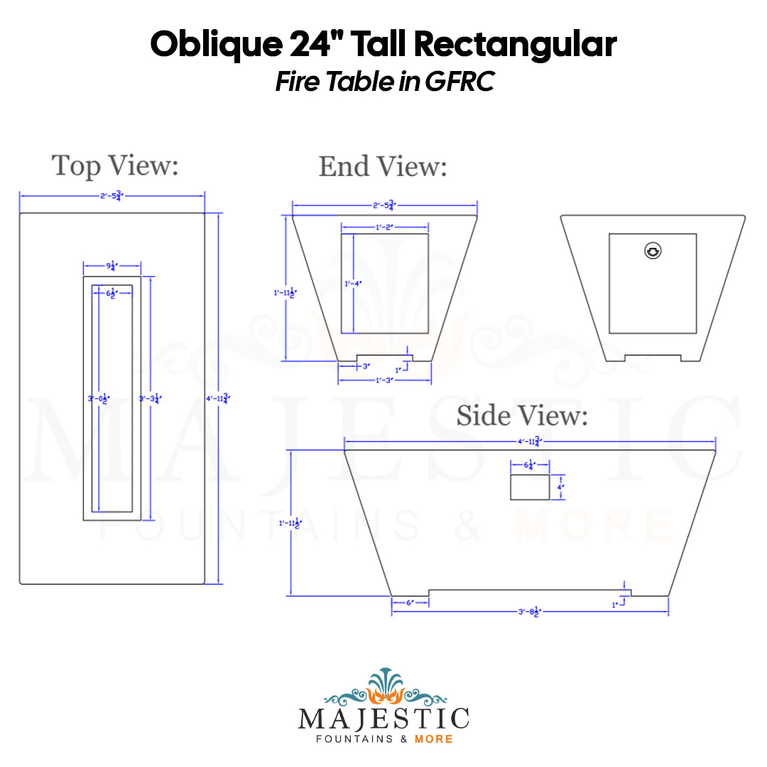 Oblique 24 Tall Rectangular Fire Table in GFRC Size - Majestic Fountains