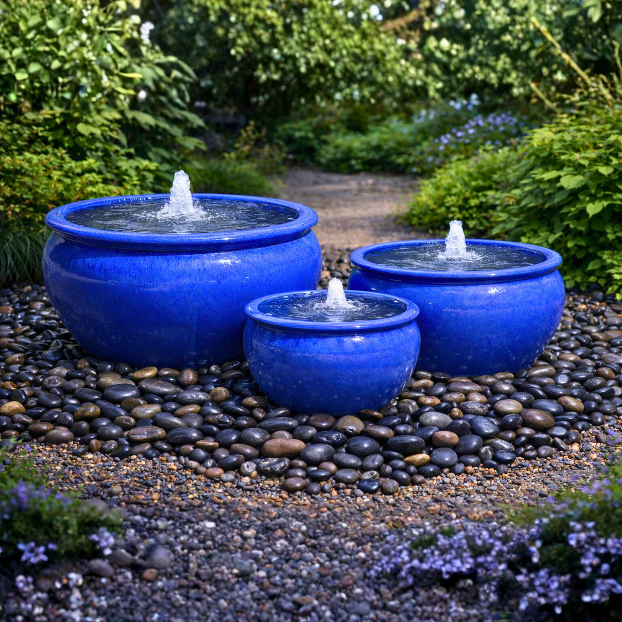 One of a Kind Cobalt Triple Vase FNT40217 - Complete Fountain Kit