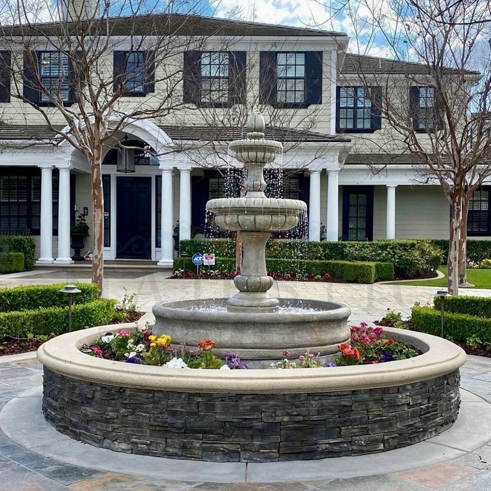 Pioggia 2 Tiered Fountain with Basin in Cast Stone - Fiore Stone AGA-LG163-FR - Majestic Fountains and More