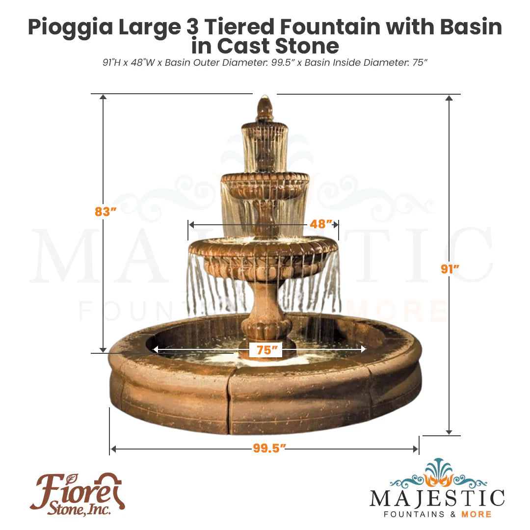Pioggia Large 3 Tiered Fountain with Basin in Cast Stone - AGA-LG163-FR - Majestic Fountains