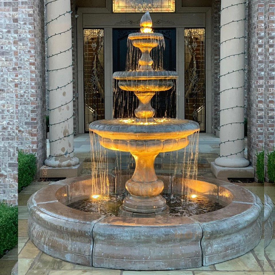 Pioggia Large 3 Tiered Fountain with Basin in Cast Stone - Fiore Stone AGA-LG163-FR - Majestic Fountains and More.