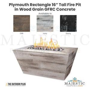 Plymouth Rectangle 16" Tall Fire Pit in Wood Grain GFRC Concrete - Majestic Fountains