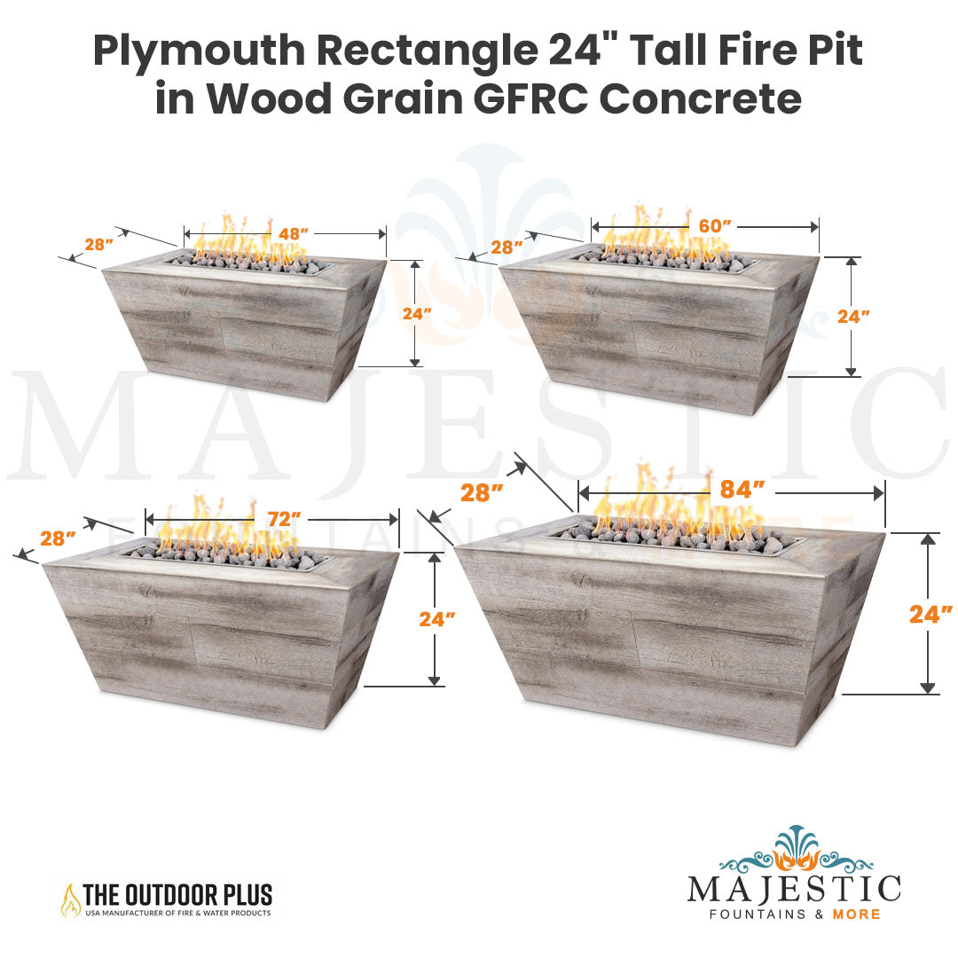 Plymouth Rectangle 24" Tall Fire Pit in Wood Grain GFRC Concrete - Majestic Fountains