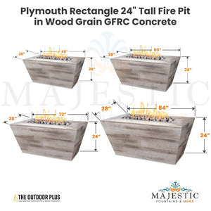 Plymouth Rectangle 24" Tall Fire Pit in Wood Grain GFRC Concrete Size - Majestic Fountains