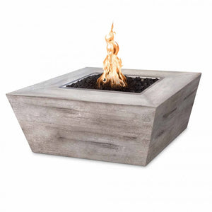 Plymouth Square 16" Tall Fire Table in Wood Grain GFRC Concrete - Majestic Fountains