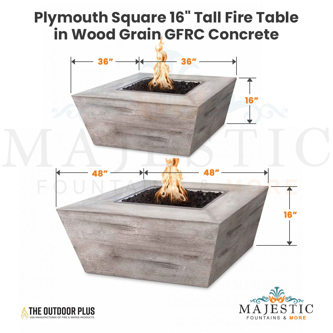 Plymouth Square 16" Tall Fire Table in Wood Grain GFRC Concrete - Majestic Fountains
