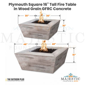 Plymouth Square 16" Tall Fire Table in Wood Grain GFRC Concrete Size - Majestic Fountains