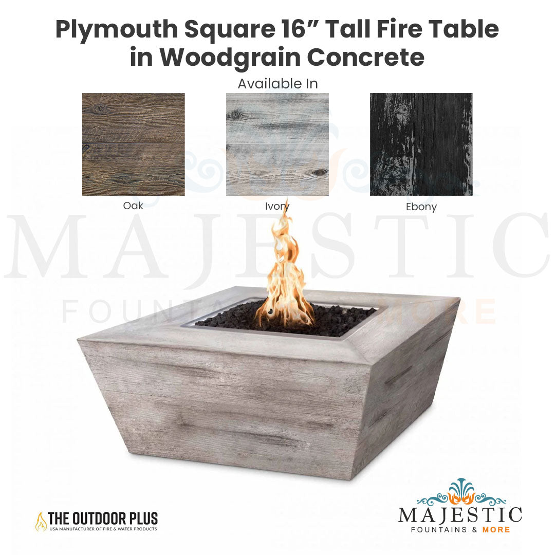 Plymouth Square 16" Tall Fire Table in Wood Grain GFRC Concrete - Majestic Fountains