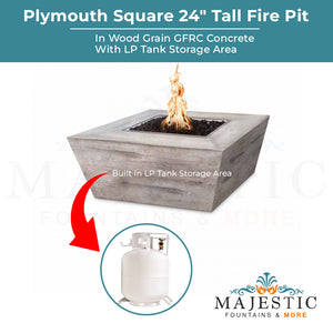Plymouth Square 24 Tall Fire Table in Woodgrain Concrete - Majestic Fountains