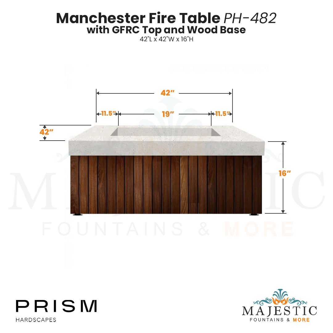Manchester Fire Table PH-482 with GFRC Top and Wood Base - Majestic Fountains