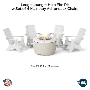 QUICKSHIP Ledge Lounger Halo Fire Pit w Set of 4 Mainstay Adirondack Chairs - Majestic Fountains