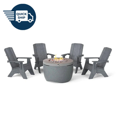 QUICKSHIP Ledge Lounger Halo Fire Pit w Set of 4 Mainstay Adirondack Chairs - Majestic Fountains