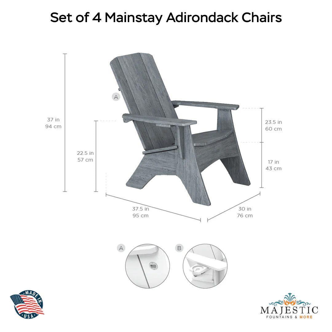 QUICKSHIP Ledge Lounger Halo Fire Pit w Set of 4 Mainstay Adirondack Chairs - Majestic Fountains