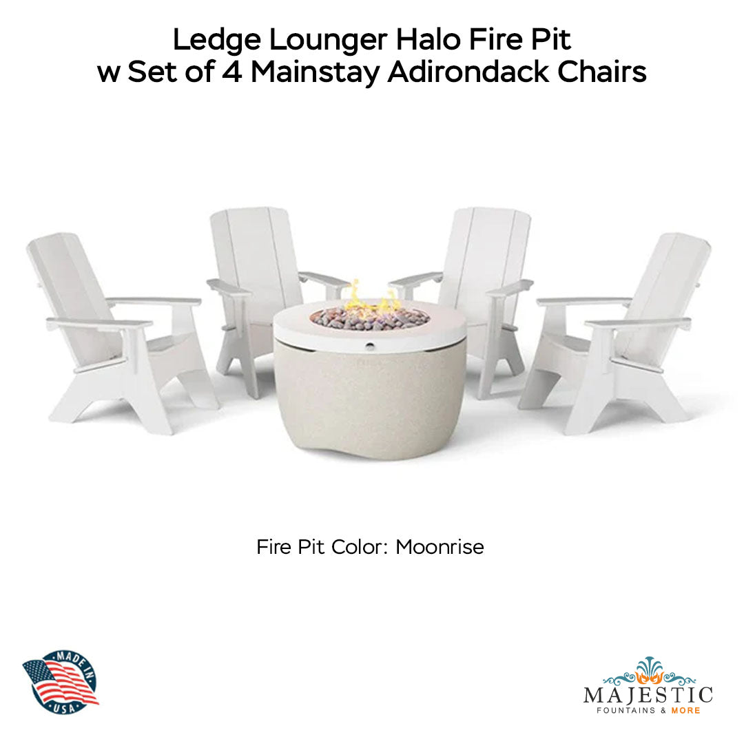  Ledge Lounger Halo Fire Pit w Set of 4 Mainstay Adirondack Chairs Moonrise - Majestic Fountains