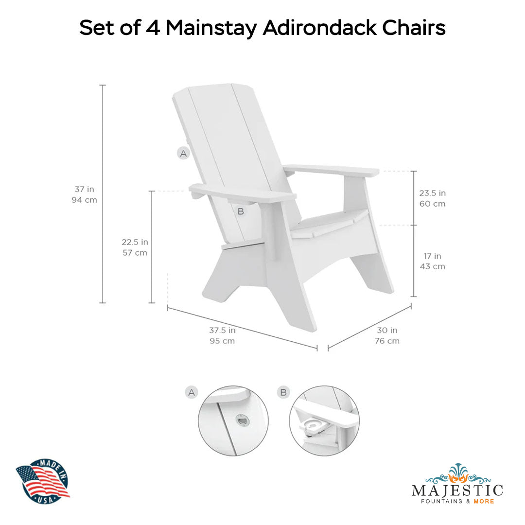  Ledge Lounger Halo Fire Pit w Set of 4 Mainstay Adirondack Chairs Moonrise - Majestic Fountains