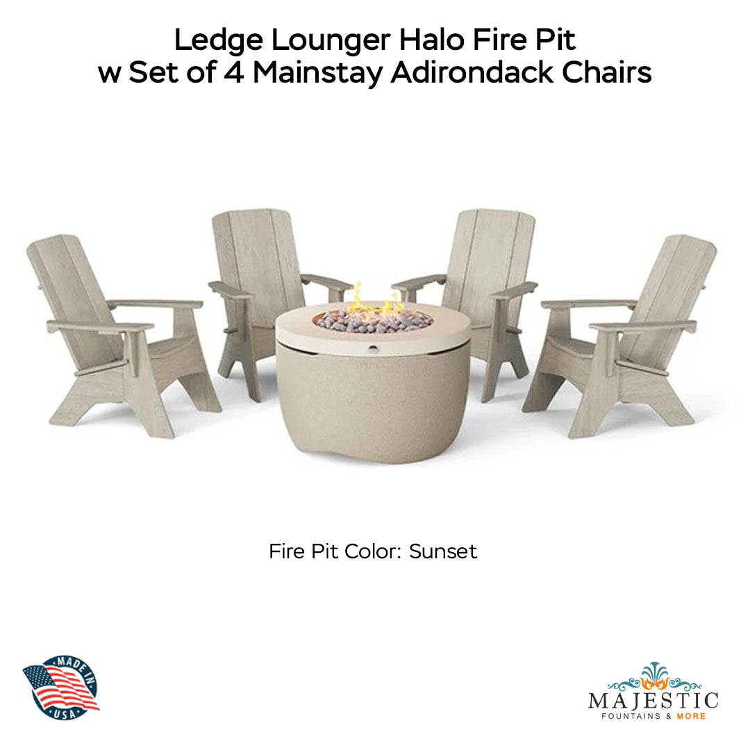  Ledge Lounger Halo Fire Pit w Set of 4 Mainstay Adirondack Chairs Moonrise - Majestic Fountains