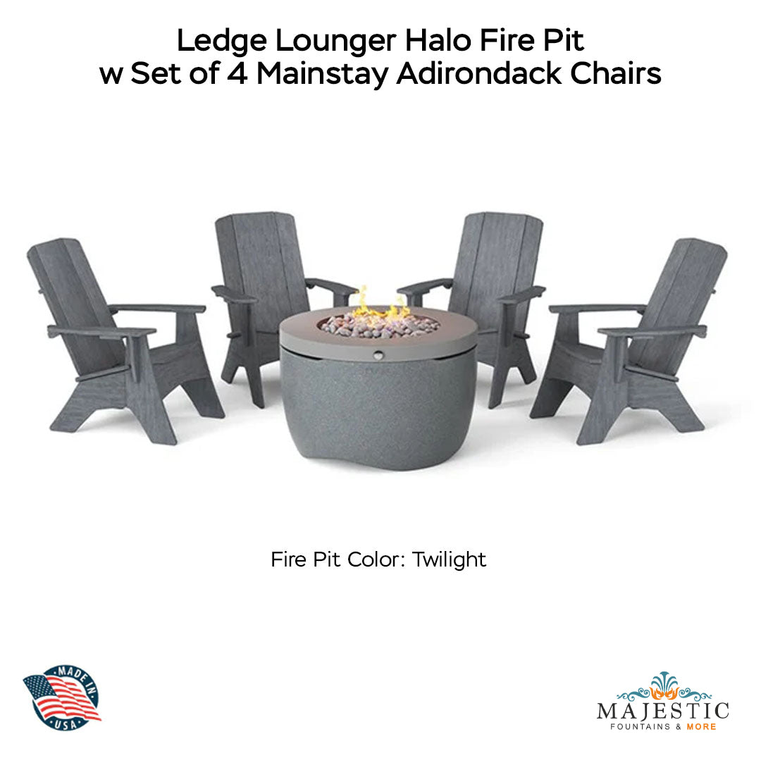 Ledge Lounger Halo Fire Pit w Set of 4 Mainstay Adirondack Chairs Moonrise - Majestic Fountains
