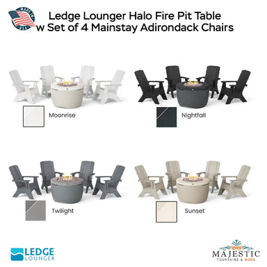 Ledge Lounger Halo Fire Pit w Set of 4 Mainstay Adirondack Chairs Moonrise - Majestic Fountains