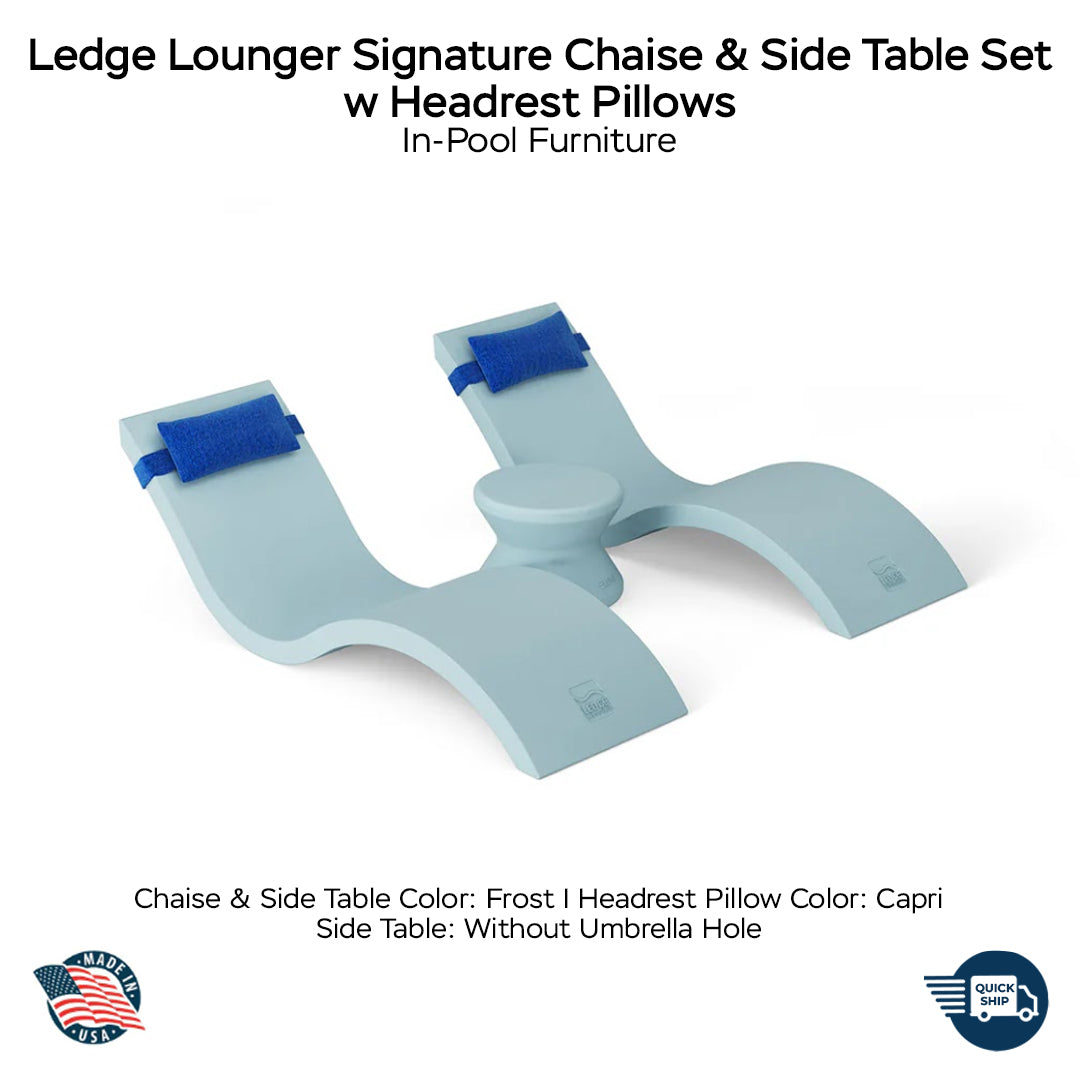 QUICKSHIP Ledge Lounger Signature Chaise & Side Table Set w Headrest Pillows - In-Pool Furniture