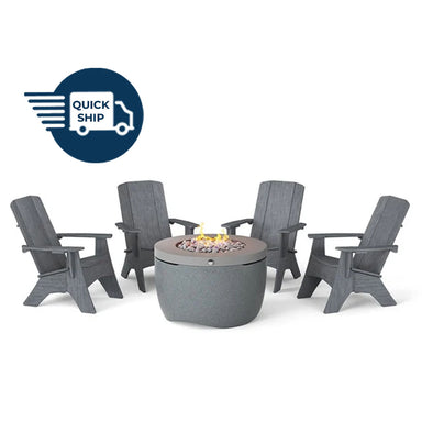 QUICKSHIP Ledge Lounger Halo Fire Pit w Set of 4 Mainstay Adirondack Chairs - Majestic Fountains