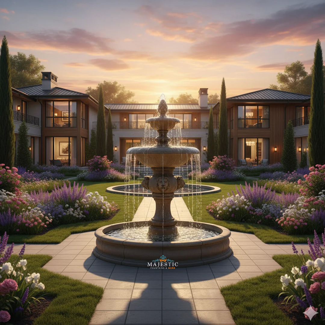 Quattro Lion Head 2-Tiered Outdoor Courtyard Fountain with Basin - 1227  - Majestic Fountains