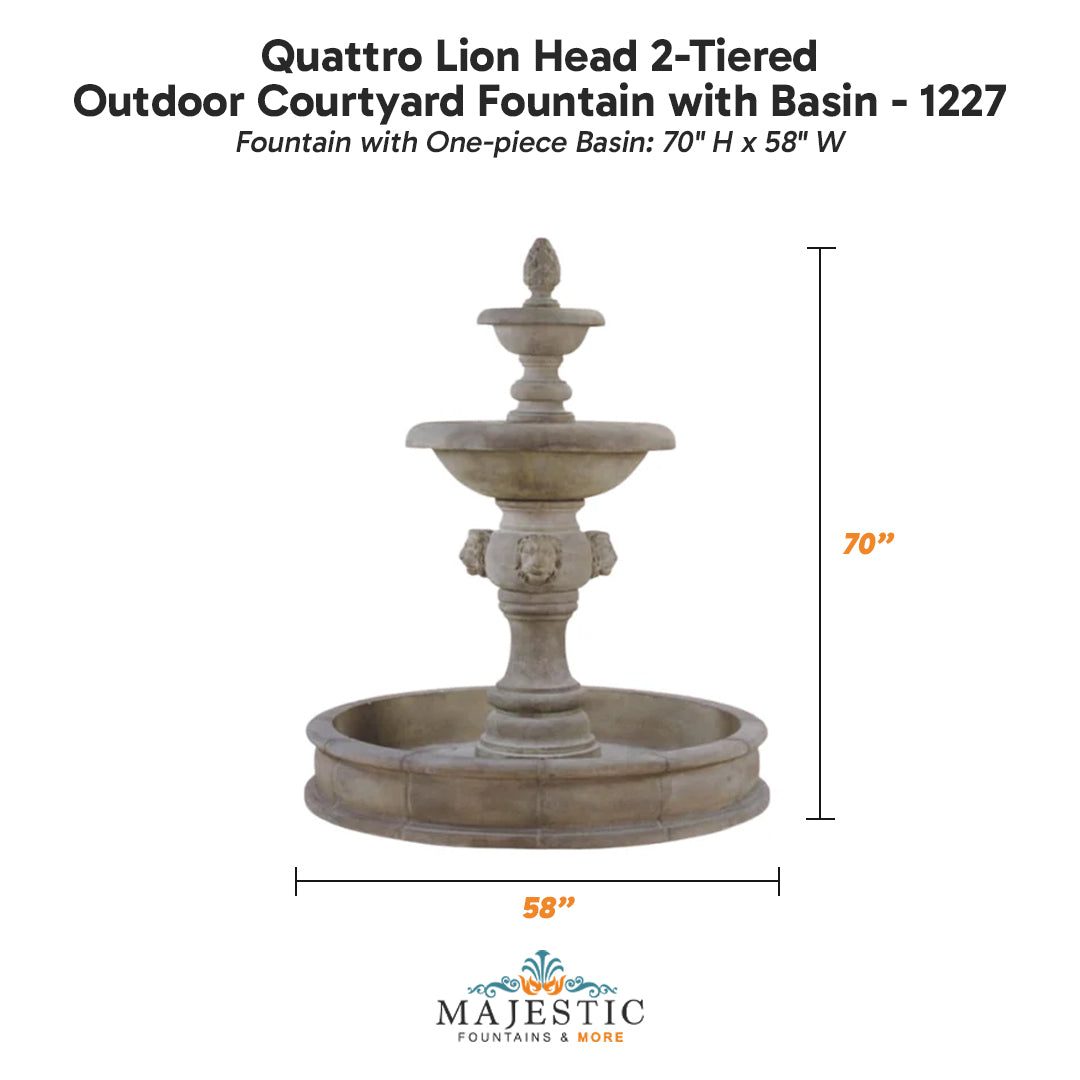 Quattro Lion Head 2-Tiered Outdoor Courtyard Fountain with Basin - 1227 - Majestic Fountains