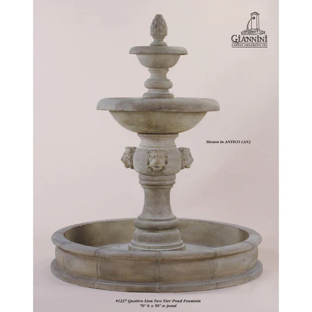 Giannini Garden Quattro Lion Two Tiered Outdoor Courtyard Fountain with Basin - 1227 - Majestic Fountains
