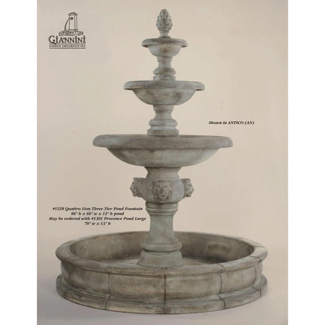 Quattro Lion Head Three Tiered Outdoor Courtyard Fountain with Basin - 1228 - Majestic Fountains