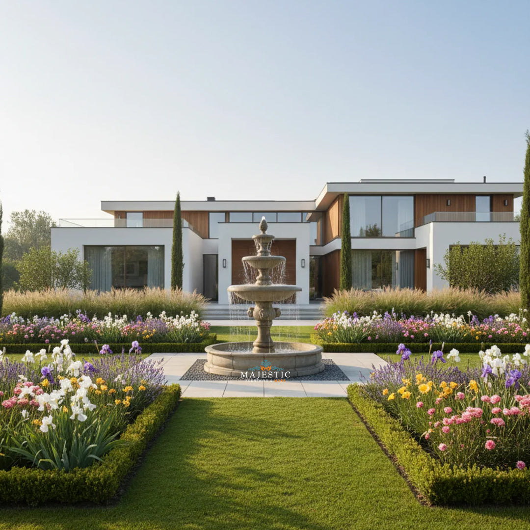 Quattro Lion Head Three Tiered Outdoor Courtyard Fountain with Basin - 1228  -  Majestic Fountains