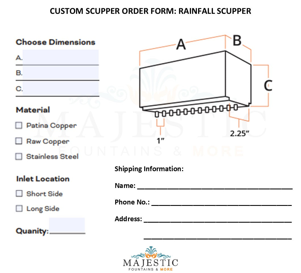 Rainfall Scupper - Custom Scupper Form - Majestic Fountains and More