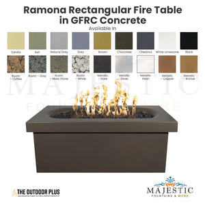 Ramona Rectangular Fire Table in GFRC Concrete - Majestic Fountains