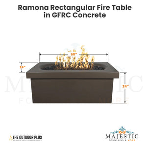 Ramona Rectangular Fire Table in GFRC Concrete Size - Majestic Fountains