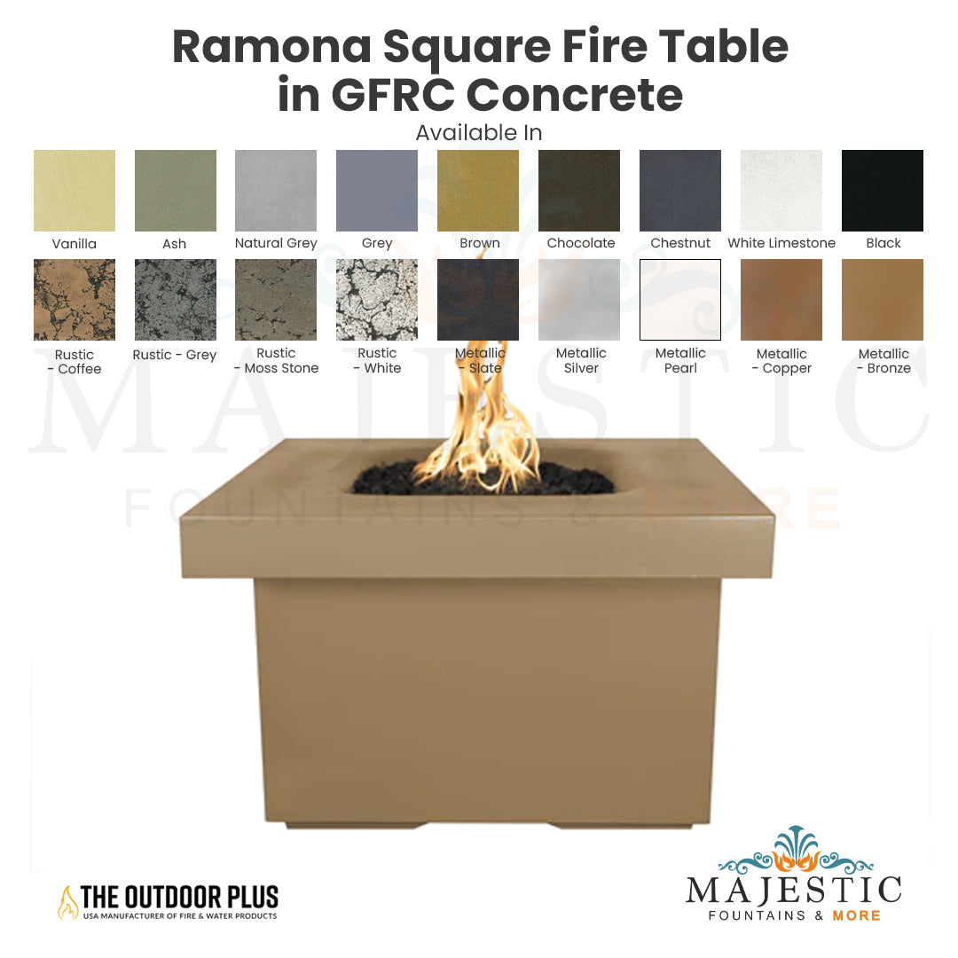 Ramona Square Fire Table in GFRC Concrete - Majestic Fountains
