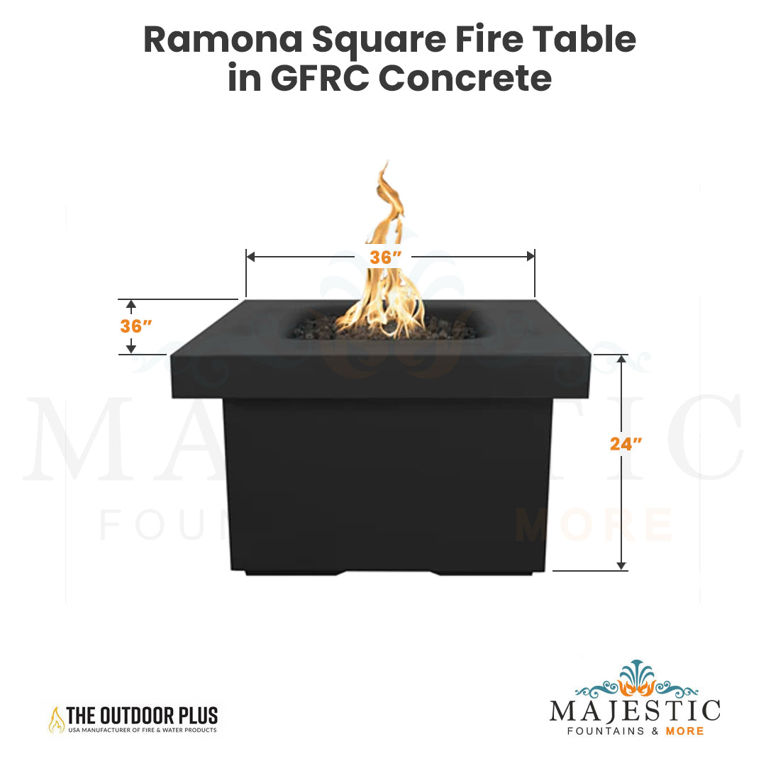 Ramona Square Fire Table in GFRC Concrete - Majestic Fountains