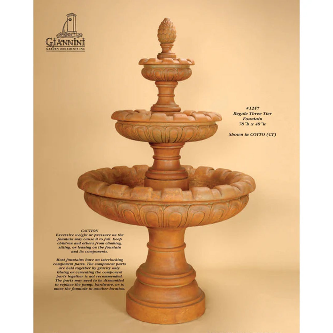 Regale Concrete 3 Tier - Outdoor Courtyard Fountain - 1257 in Cotto finish, a studio shot with 78 inch height and caution text