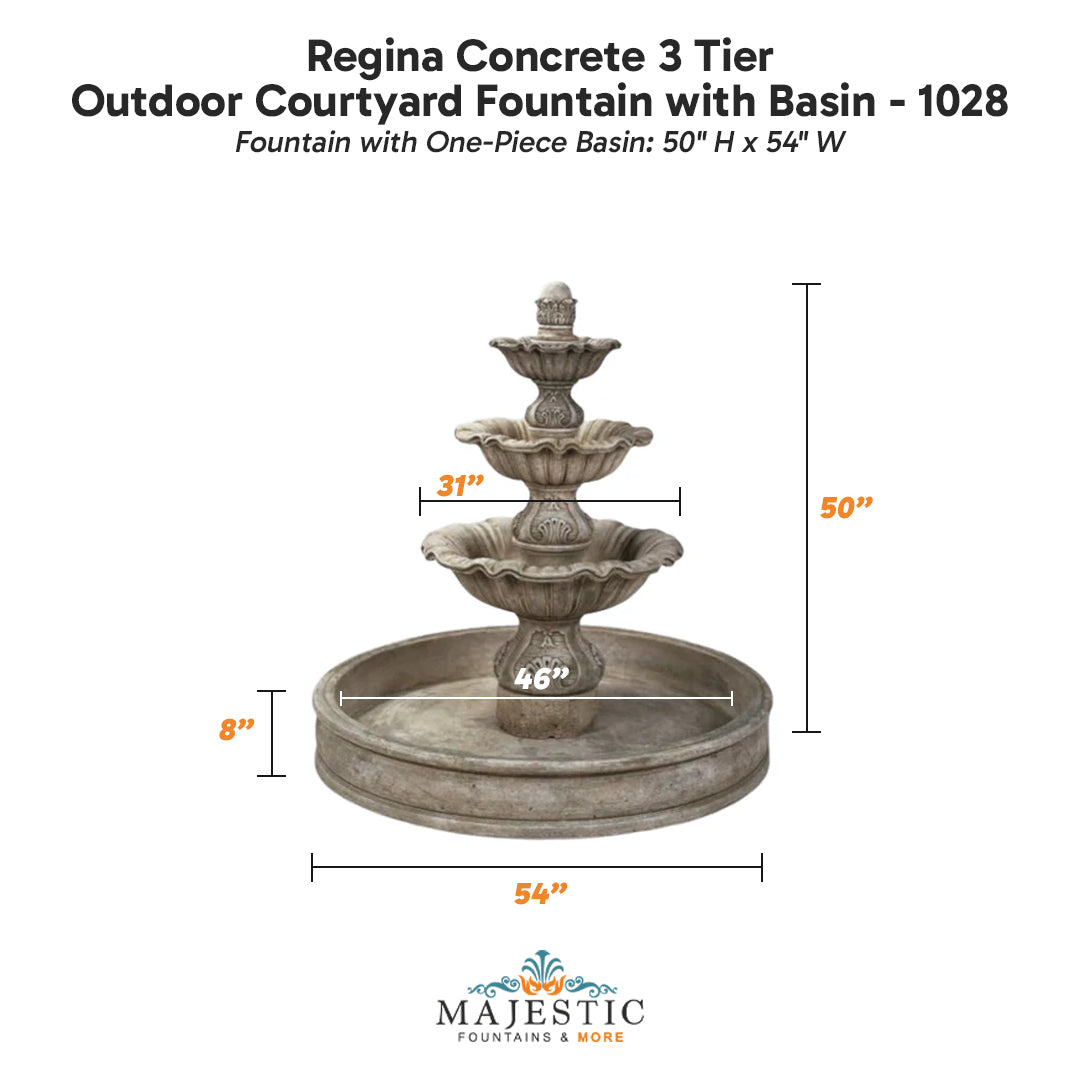 Regina Concrete 3 Tier - Outdoor Courtyard Fountain with Basin - 1028 - Majestic Fountains