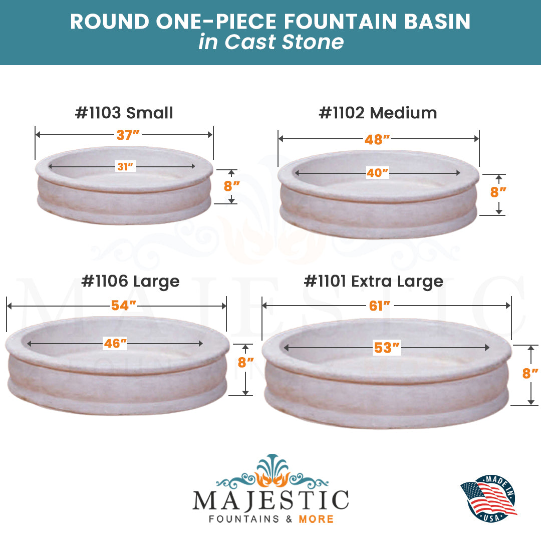 Round One-Piece Fountain Basin in Cast Stone  - Majestic Fountains