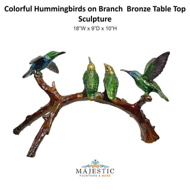 Colorful Hummingbirds on Branch  Bronze Table Top Sculpture - Majestic Fountains and More