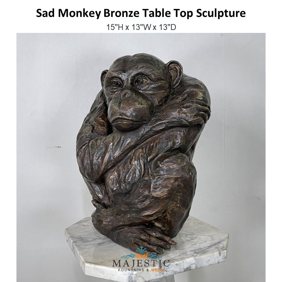 Sad Monkey Bronze Table Top Sculpture - Majestic Fountains and More