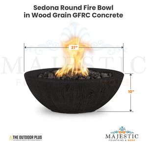 Sedona Round Fire Bowl in Wood Grain GFRC Concrete Size - Majestic Fountains