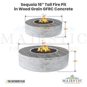 Sequoia 16" Tall Fire Pit in Wood Grain GFRC Concrete Size - Majestic Fountains