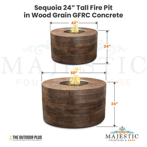 Sequoia 24" Tall Fire Pit in Wood Grain GFRC Concrete Size - Majestic Fountains