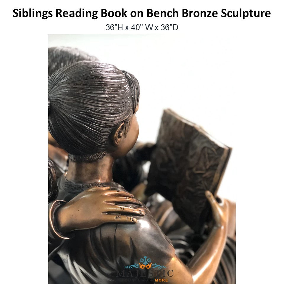 Siblings Reading Book on Bench Bronze Sculpture - Majestic Fountains and More