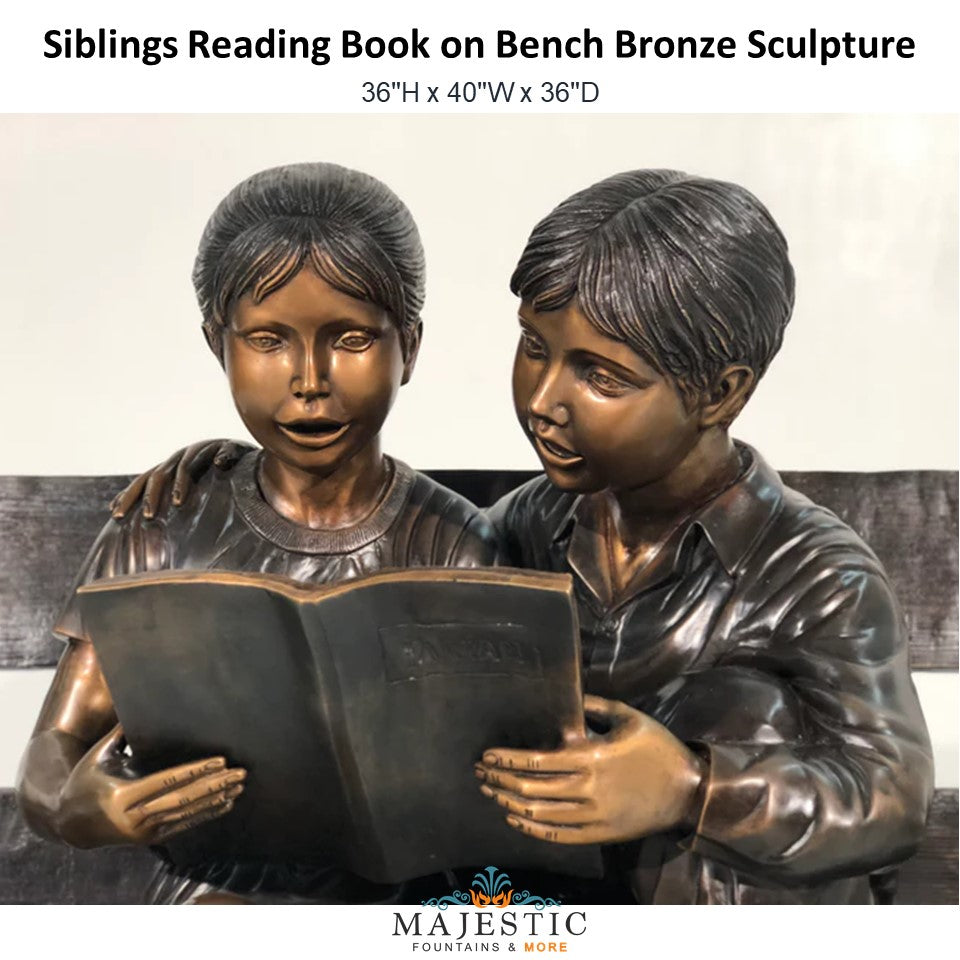 Siblings Reading Book on Bench Bronze Sculpture - Majestic Fountains and More