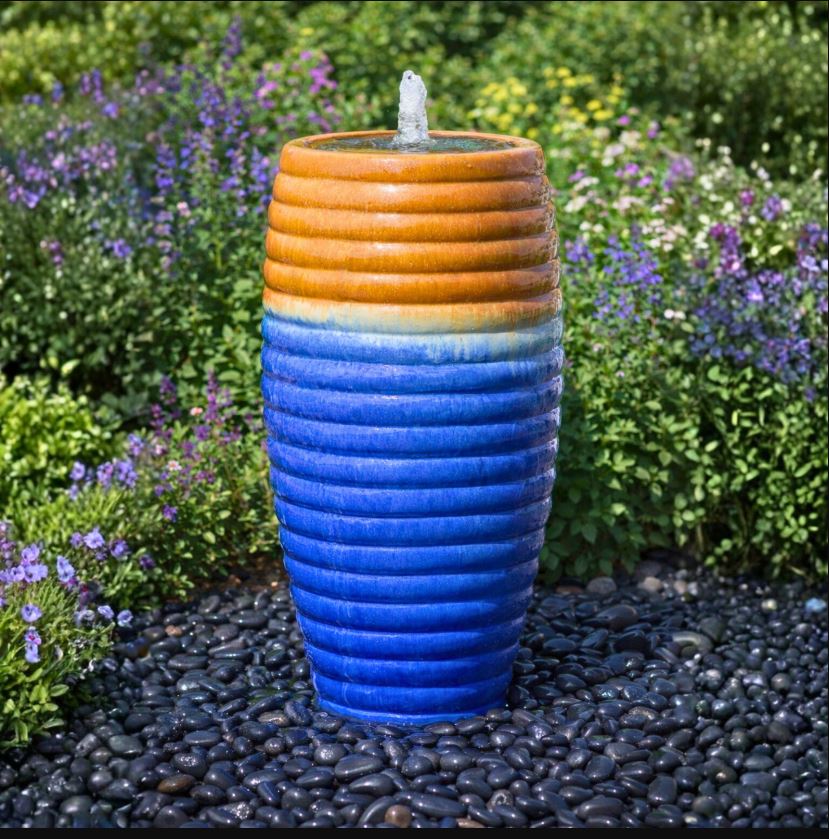 Sunny Beach Ribbed Tall Vase - Closed Top Single Vase Complete Fountain Kit - 3 ft Tall