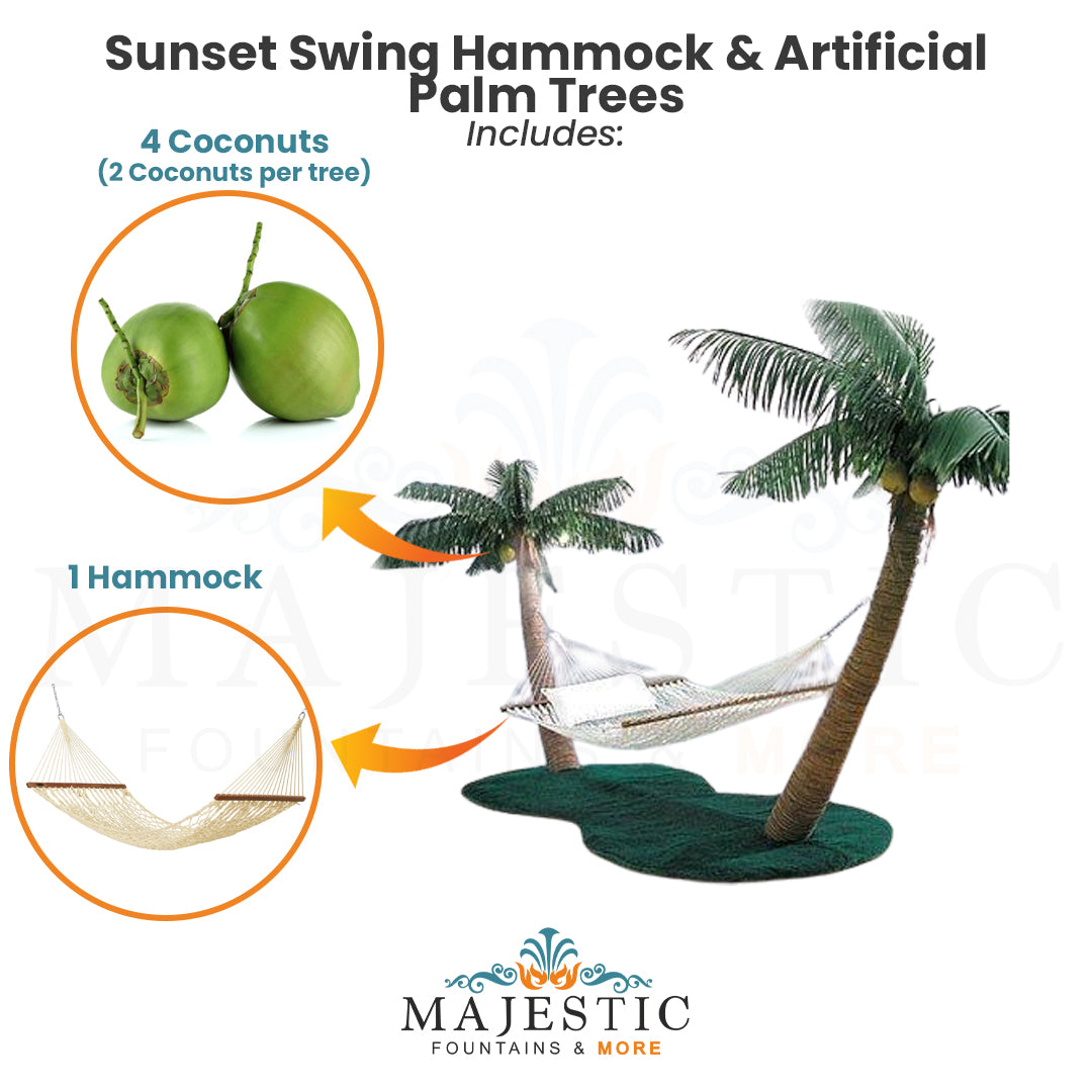 pin the coconut on the palm tree game Sunset Swing Hammock & Artificial Palm Trees Set — Majestic Fountains and More
